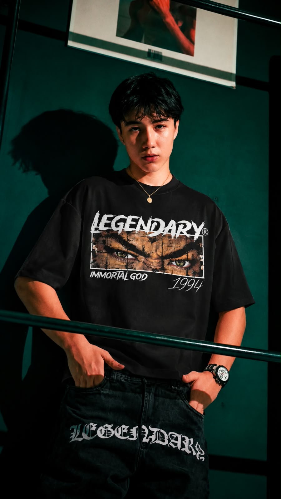 Camiseta oversize Legendary Immortal God 1994 puesta en modelo