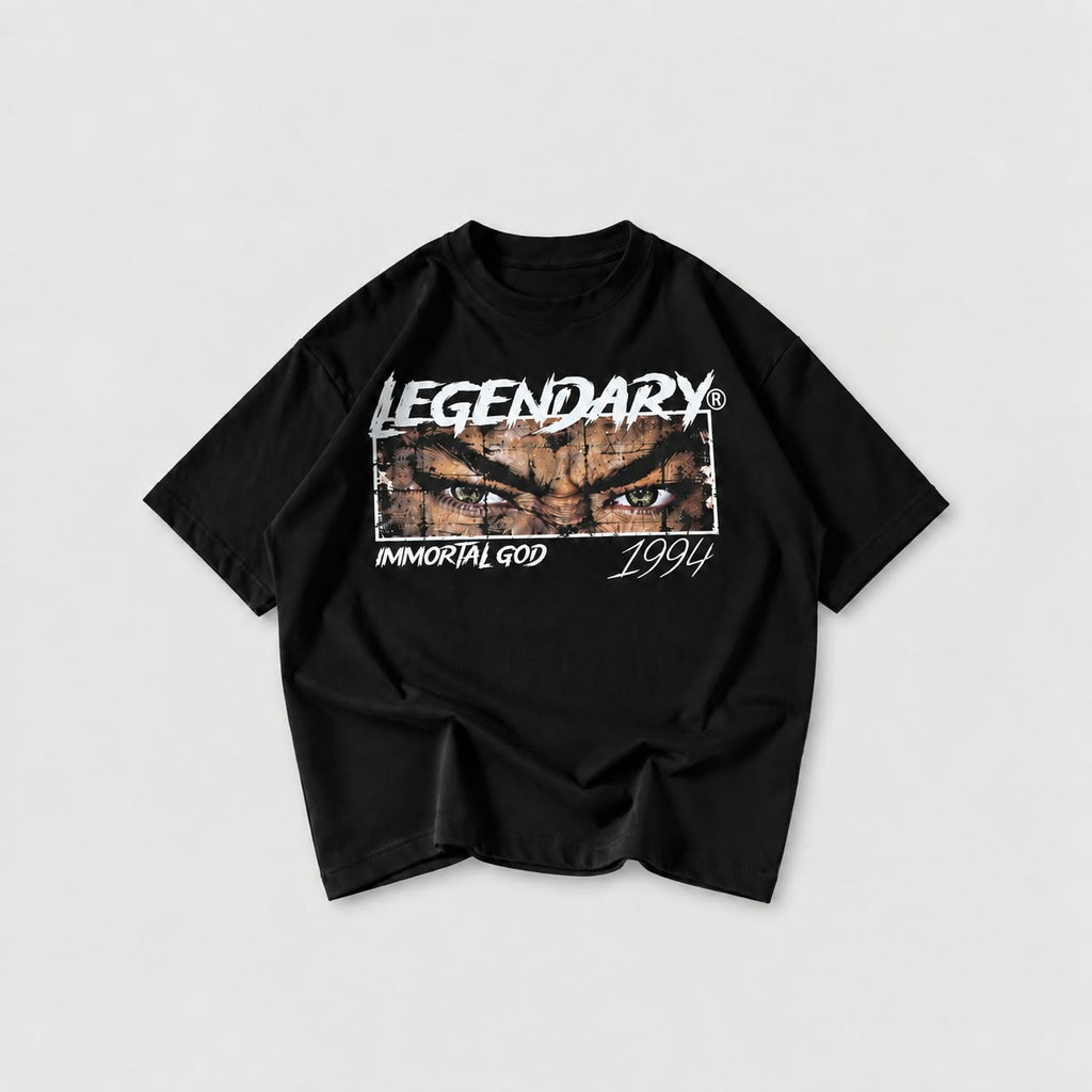 Camiseta oversize negra Legendary Immortal God 1994 vista frontal
