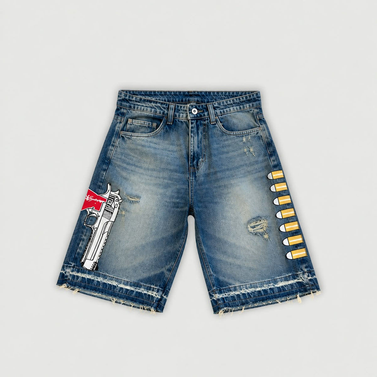 Short baggy denim azul Legendary Mafia con bordado gráfico de pistola y proyectiles en las piernas.