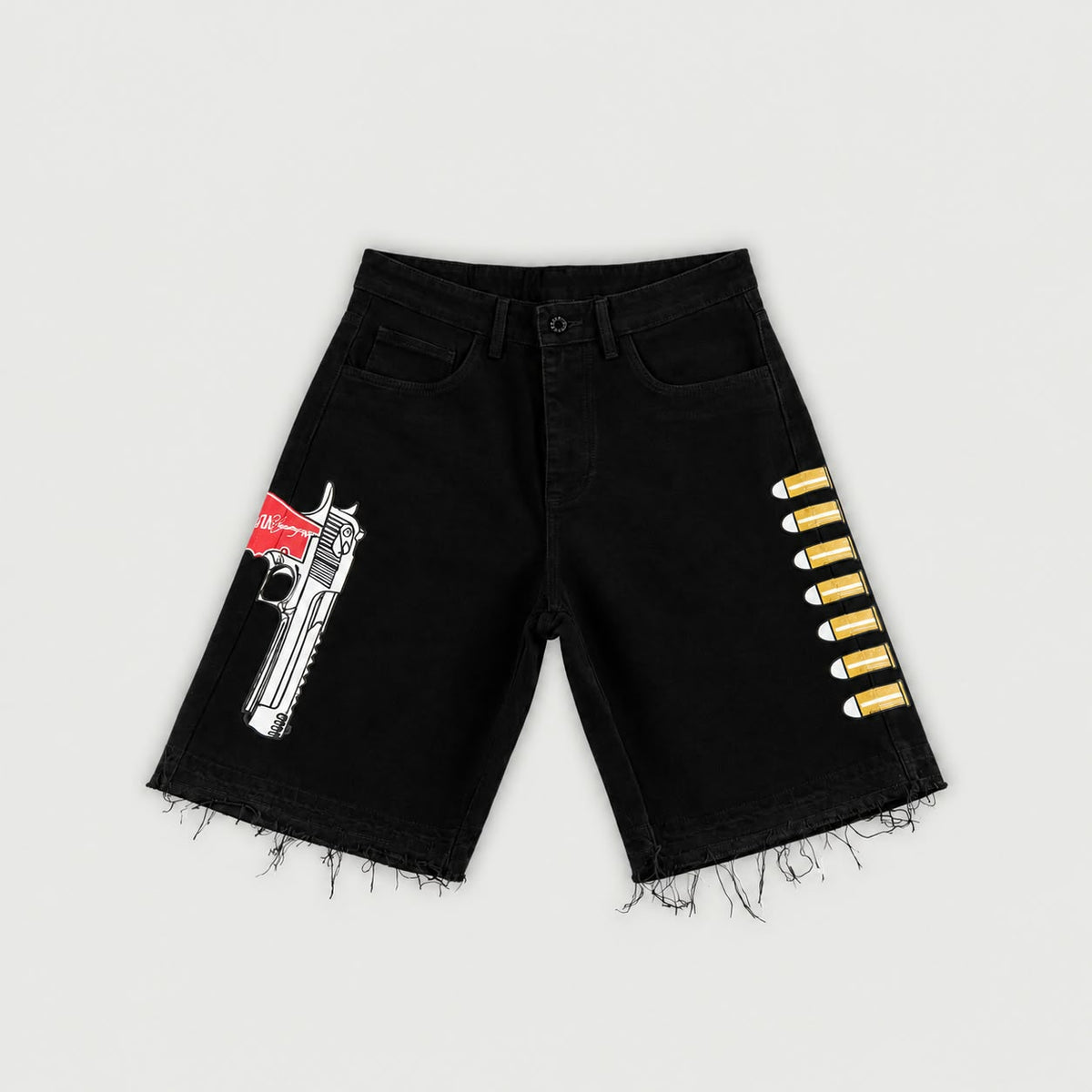 Short baggy denim negro Legendary Mafia con bordados gráficos de pistola y proyectiles amarillos.